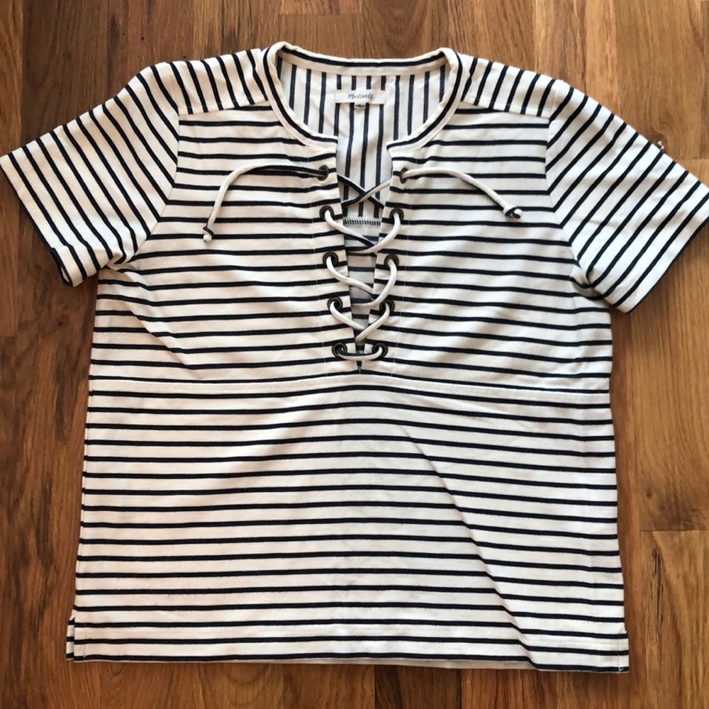 Madewell navy and cream tie front top